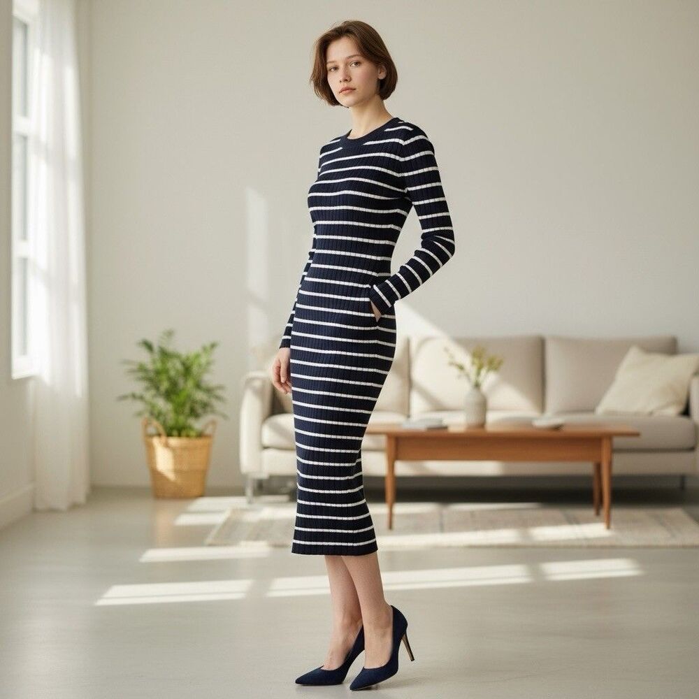 GAP MEDIUM Sweater Midi Dress Long Sleeve Pullover Navy White Striped Rib-knit